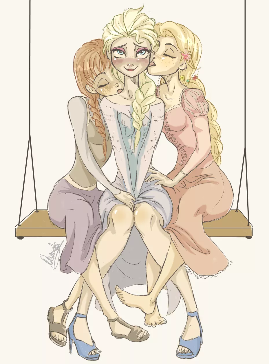 Frozen, Tangled Kisses [Elsa, Anna, Rapunzel] (asameshii)