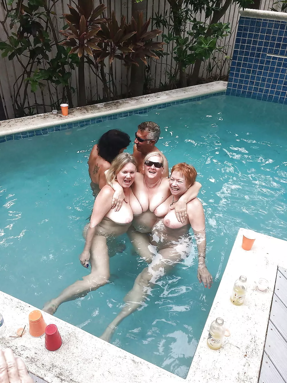 Fun pool party with some mature nudists