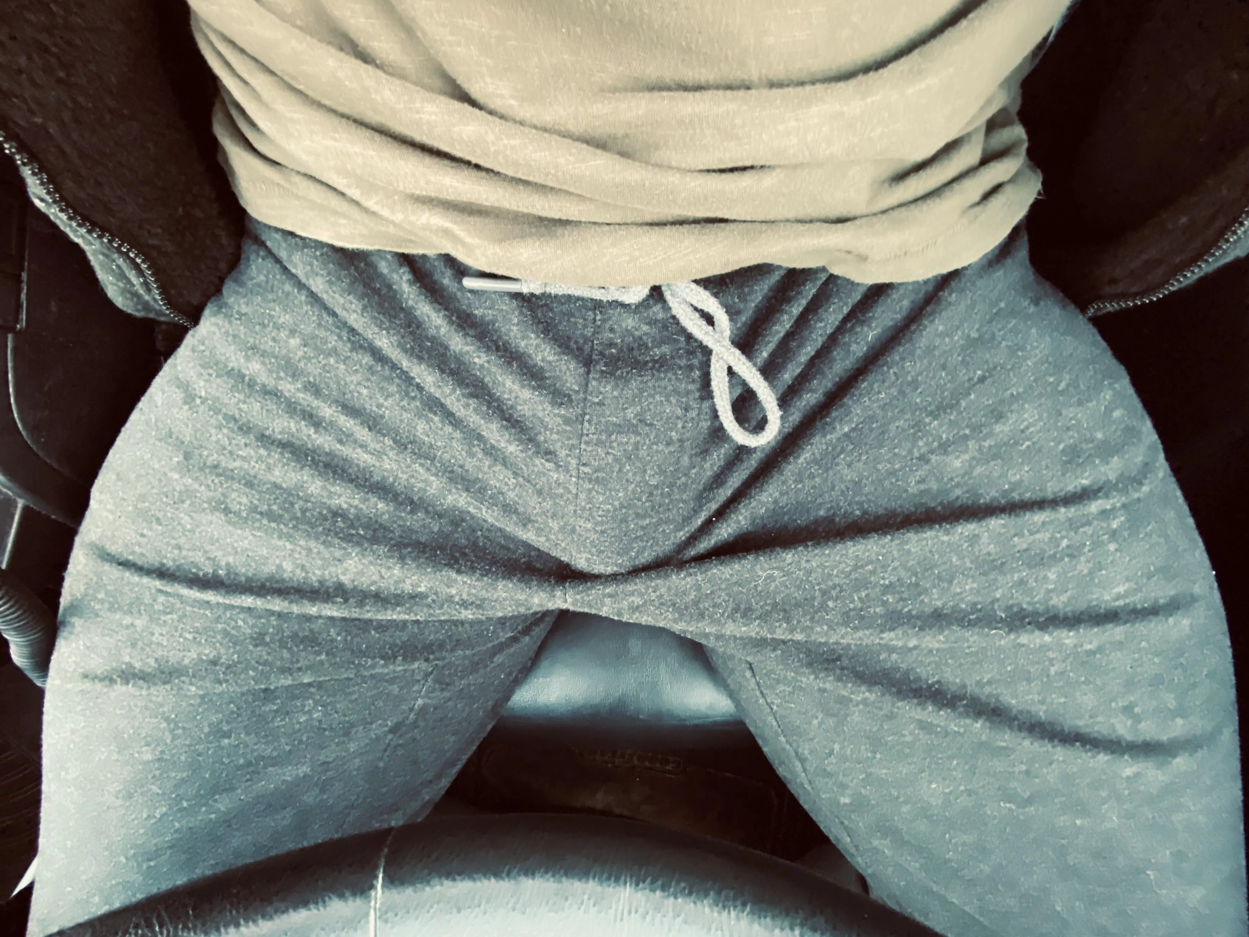 Gettin horny in the car. My jockstrap is streeeetched.