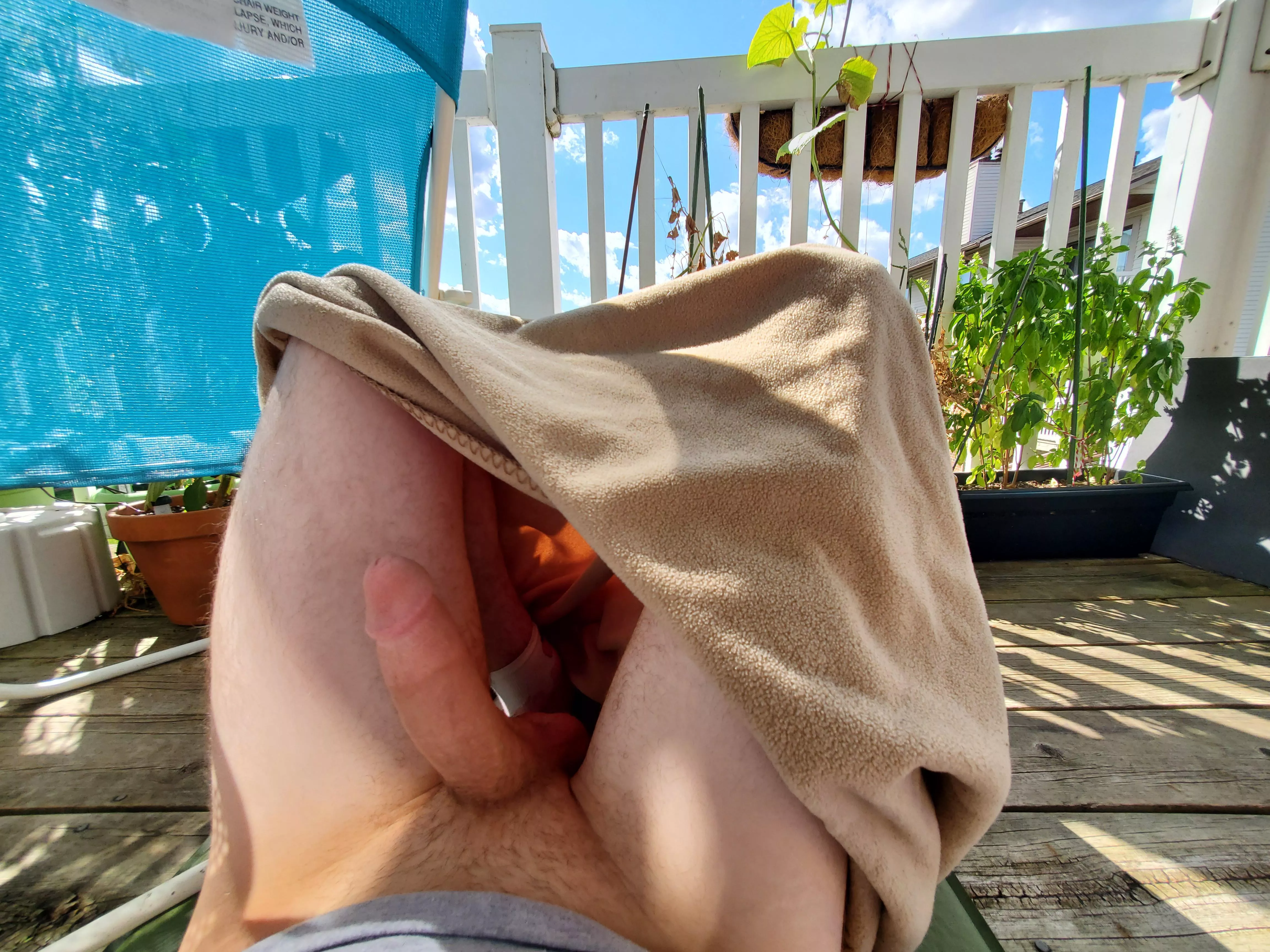 Getting some sun with my cock out. Maybe a neighbor will see ðŸ‘€