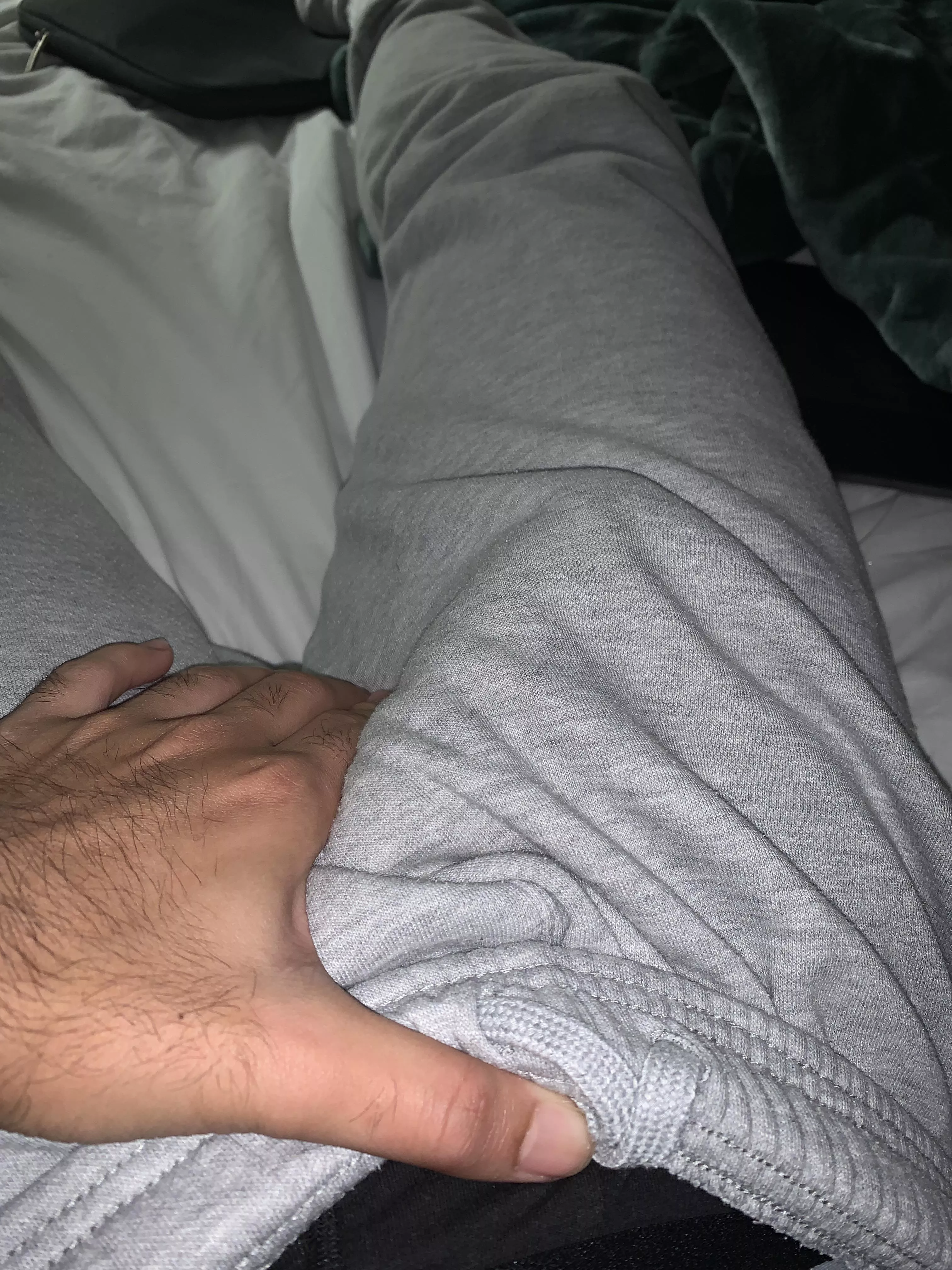 Grey sweatpants struggle