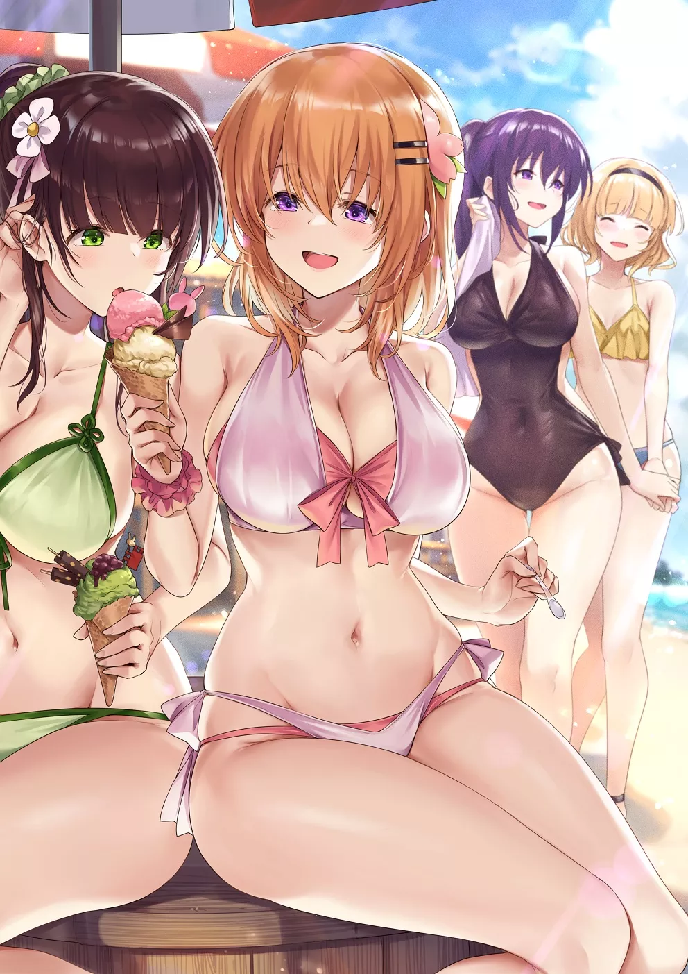 Grown-up Chiya, Cocoa, Rize, and Sharo at the beach [GochiUsa]