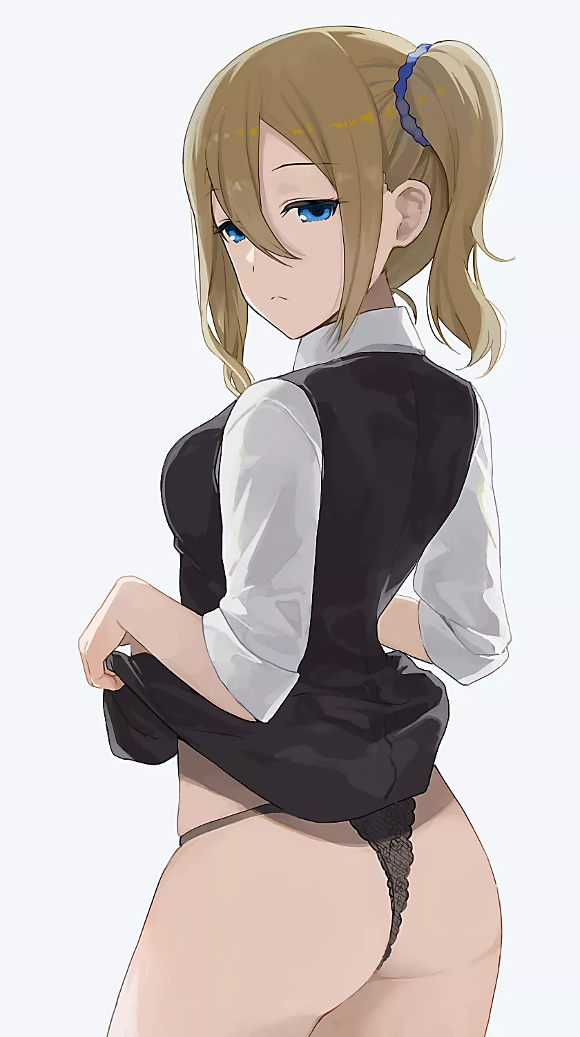 Hayasaka lifting her skirt