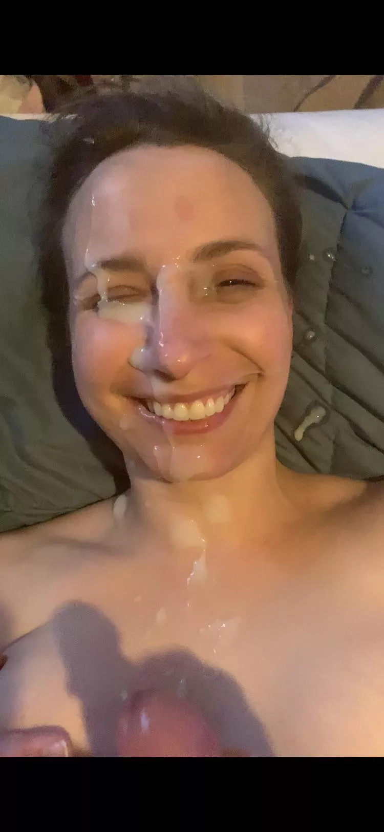 He plastered me with his cum. I could barely open my eye, but couldn’t help but smile since I love being covered by him.