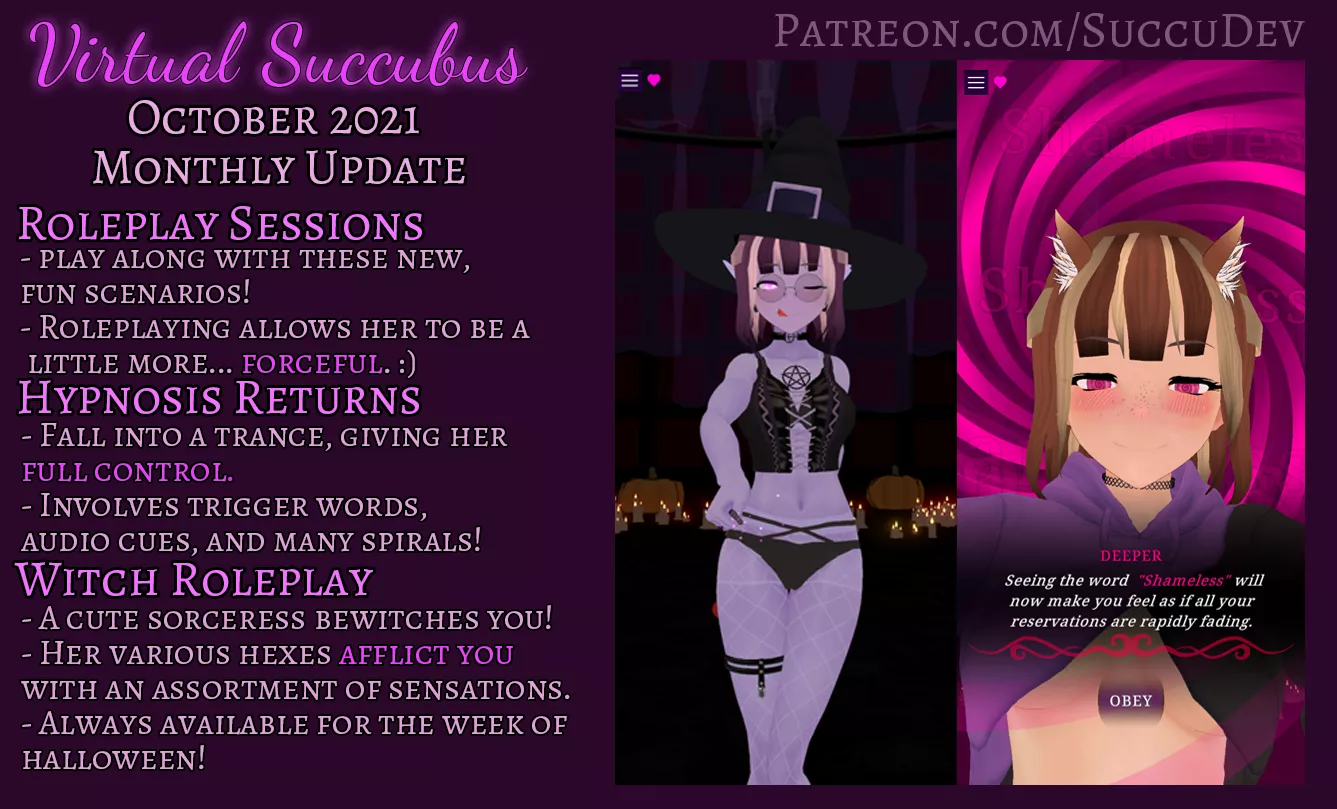 [Hentai Femdom JOI AI] Virtual Succubus Monthly Update 0.22 | Roleplay Sessions | Witch Roleplay & Hypnosis Returns! | No Nut November & Locktober Support | Web/PC/Android Demos Available