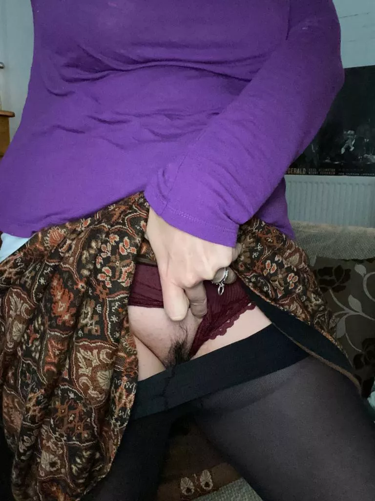 Her tights down and knickers aside, giving me a little show from her work