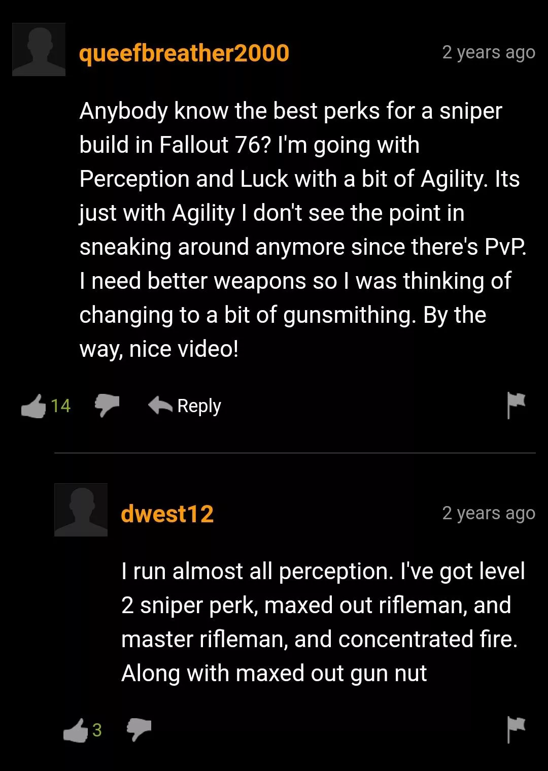 He's just trying to find a sniper build