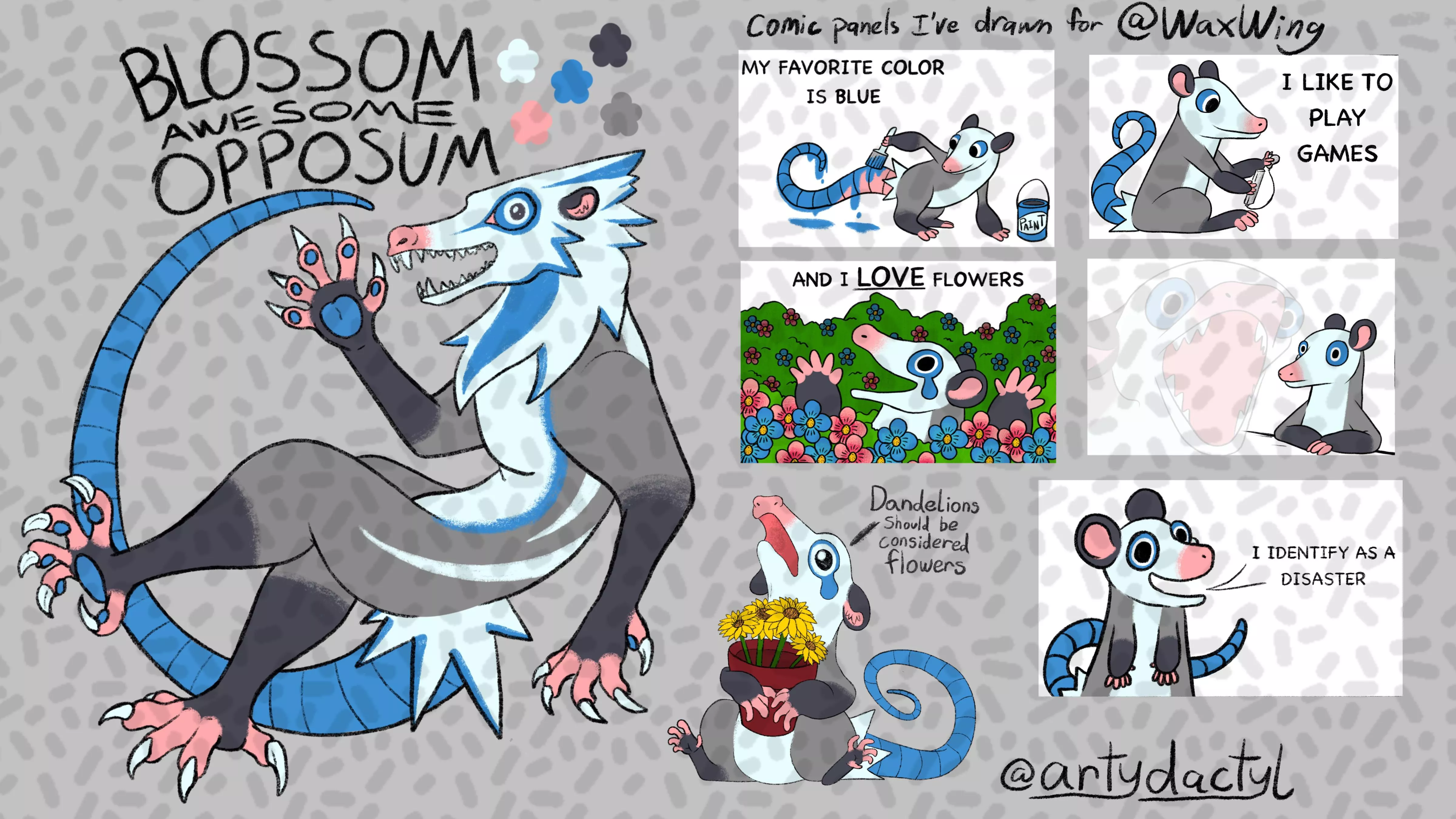 Hewwo! My name is Blossom and I’m an opossum! I’m new to the community but I’ve always wanted to get into it and make adoptables. I tried over on Twitter but I just don’t understand the algorithm I guess. What kind of adopts would you like to see