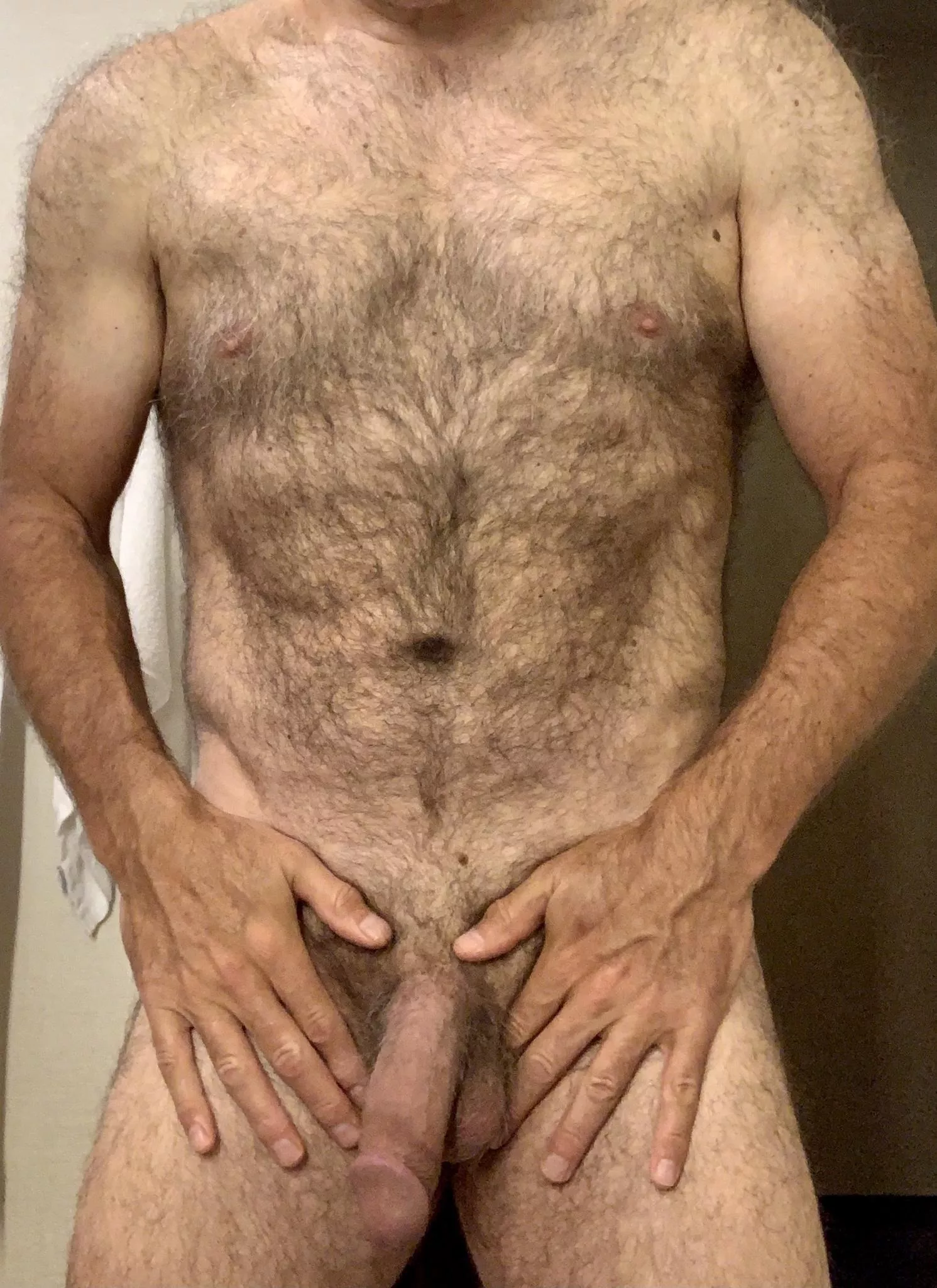 I like posting horny hairy not even hard yet just rolled out of bed pics