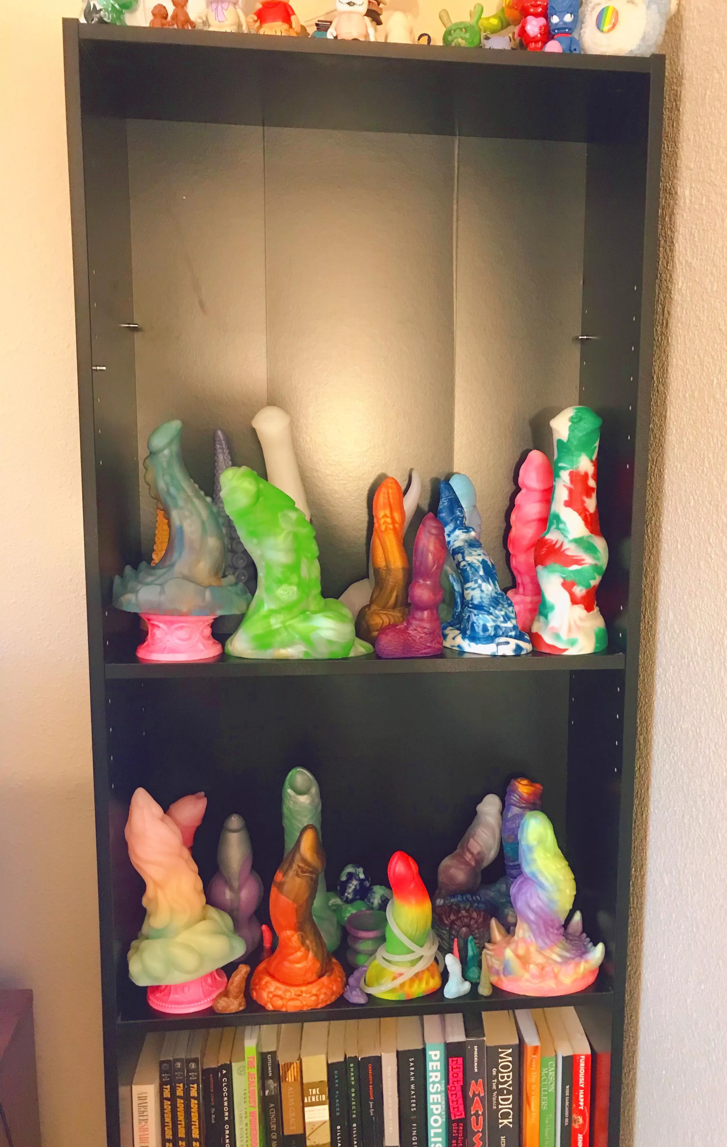 I moved recently and Iâ€™m in the process of arranging my dildo shelves. Looks pretty good so far! I love my bbâ€™s!