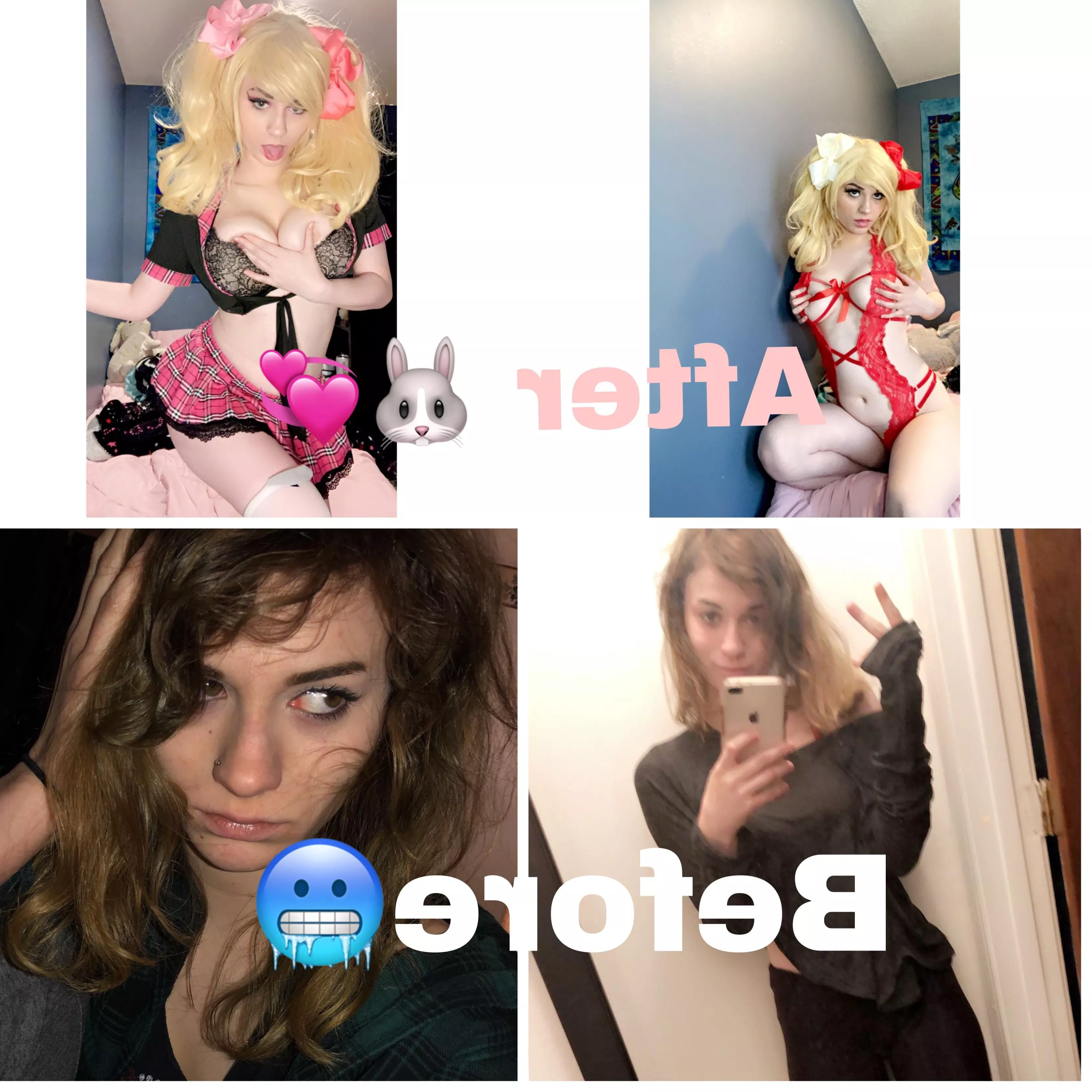 I still haev wrok to do but m proud of my progress so far, the bottom pictures are from when I was 18 (and anorexic/on drugs) the top pictures are me now at 20, drug free and happy. Being a bimbo is truly the way and m so confident now