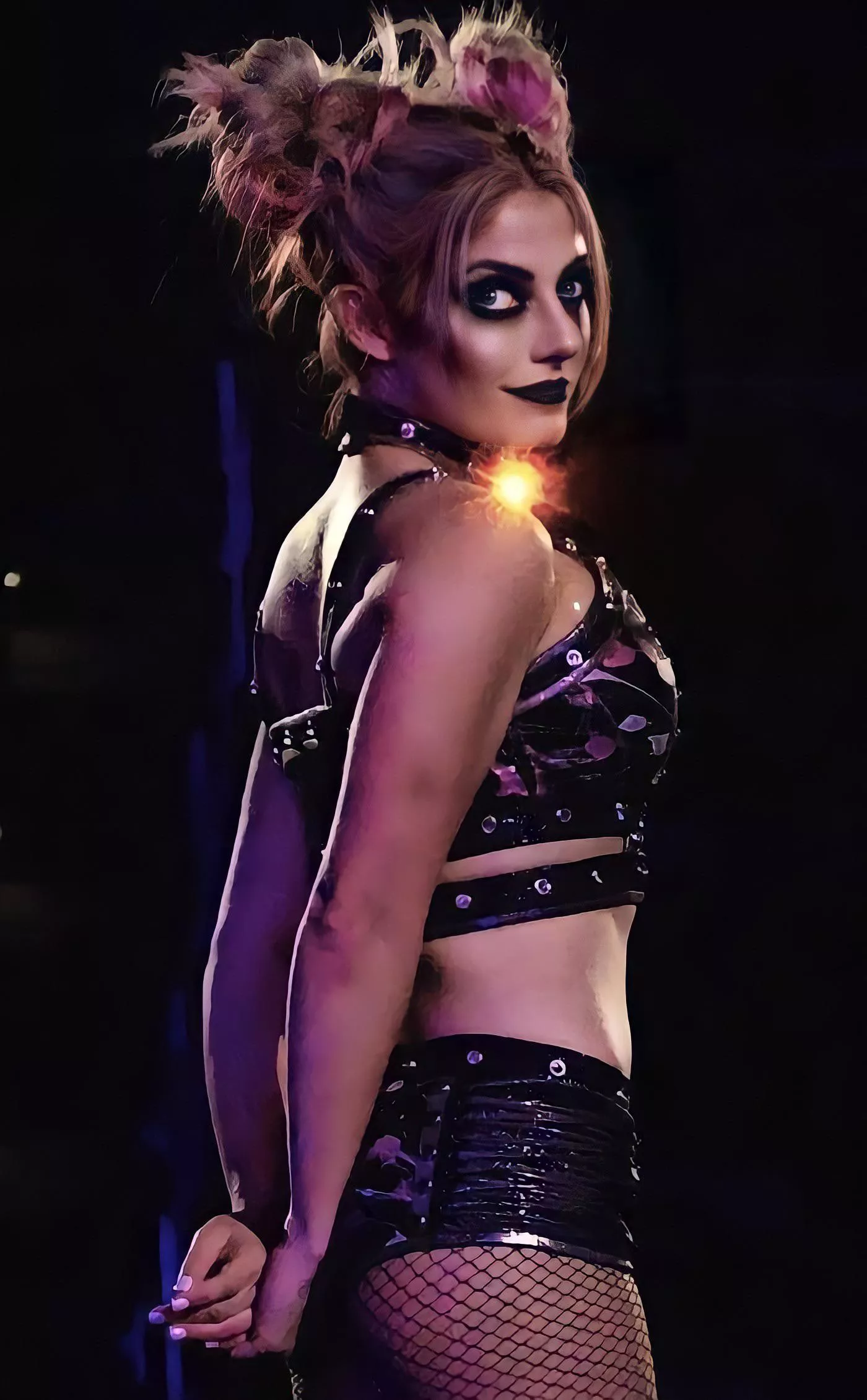 I wouldnâ€™t mind seeing Bliss getting mouth fucked and her goth makeup running down her slutty face! Or being picked up arms under her legs and fucked hard full nelson style.