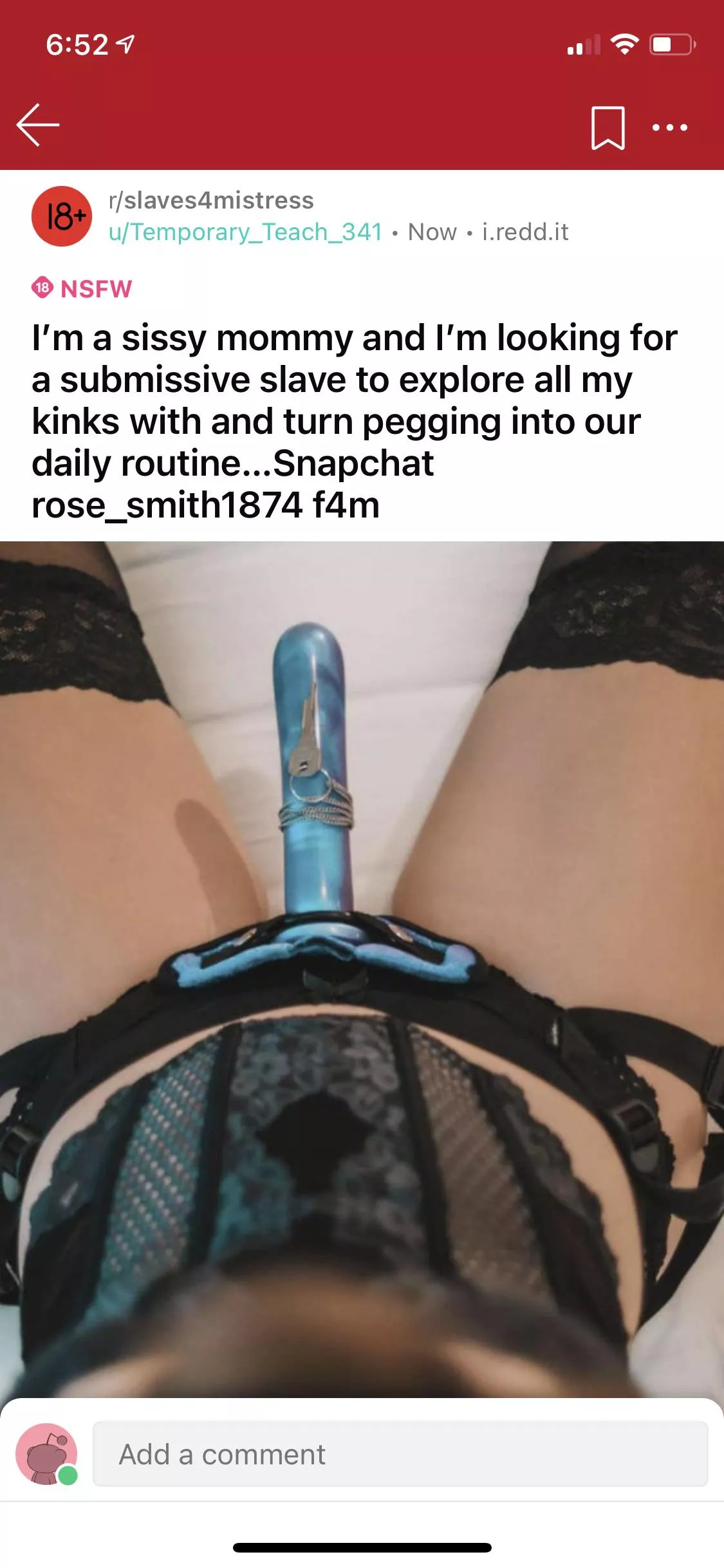 Iâ€™m a sissy mommy and Iâ€™m looking for a submissive slave to explore all my kinks with and turn pegging into our daily routineâ€¦Snapchat rose_smith1874