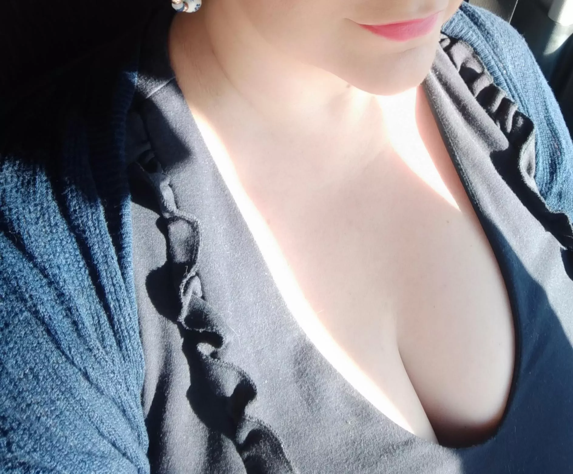 In my car, off to a meeting. I hope I've stashed an extra pen between my breasts, it would be awkward to be caught out [F]