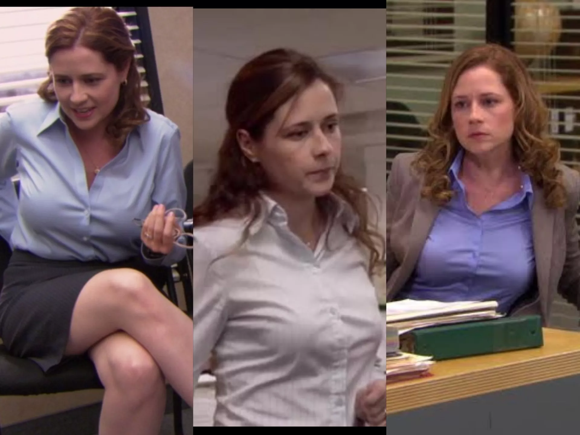 Jenna Fischer looks so hot in formal clothing she'd be the sort of coworker whose skirt you pull up and then bang the shit out of in the office bathroom to relieve stress