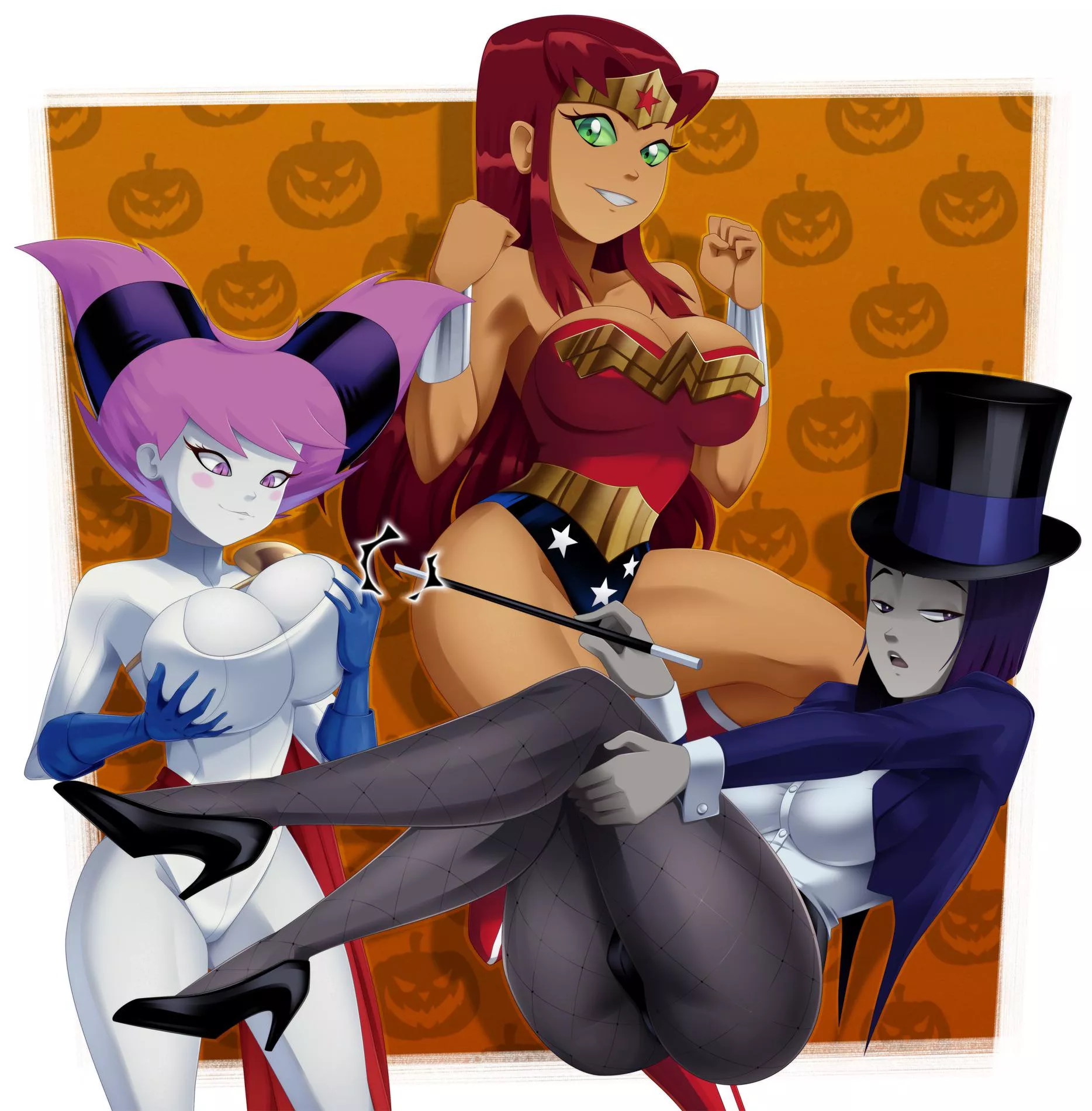 Jinx, Starfire and Raven dress as justice league members for Halloween (Ravenravenraven)