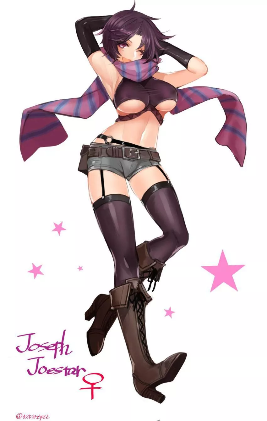 Joseph Joestar with her arms up wearing a striped scarf, gloves, crop top, shorts, leg wear and boots with covered nipples and under boob