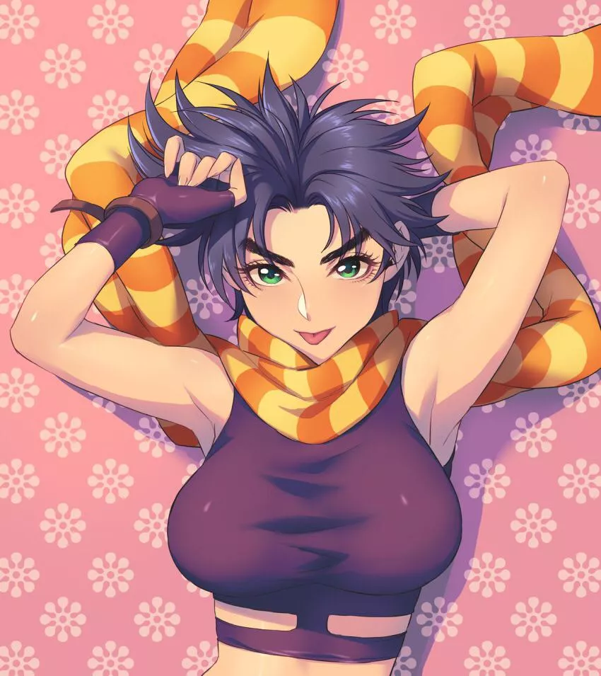 Joseph Joestar with scarf and big breasts raises her arms up