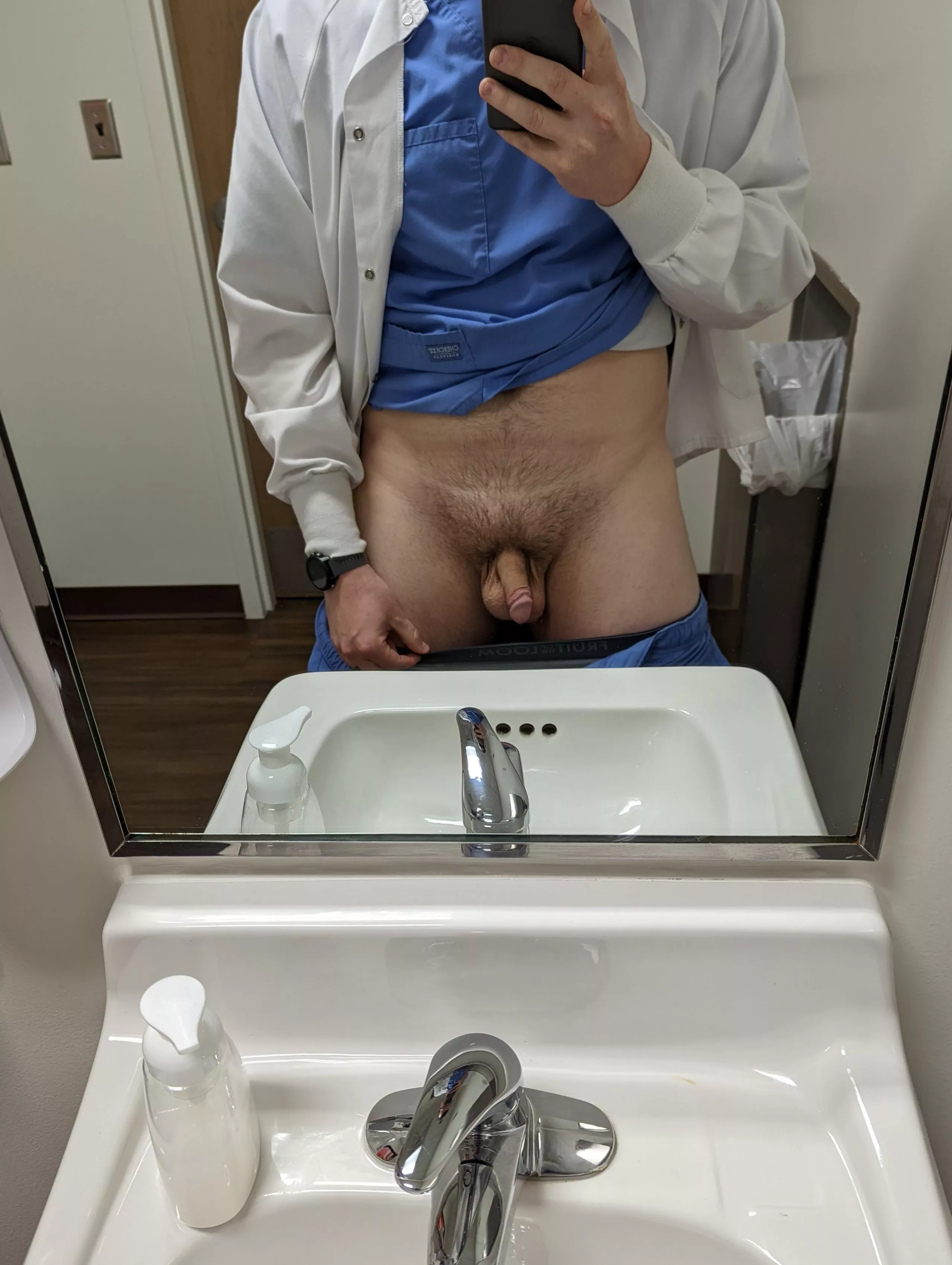 Just a smaller average guy (31) in scrubs with a lab coat today