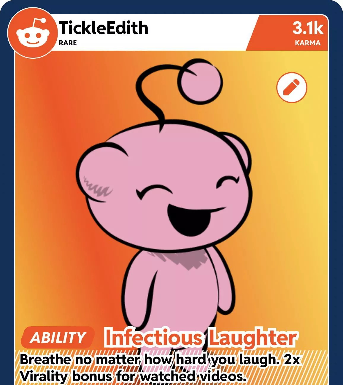 Just over here cracking up that my 2021 Reddit Recap says my ability is “Infectious Laughter” and says to “Breathe no matter how hard you laugh”