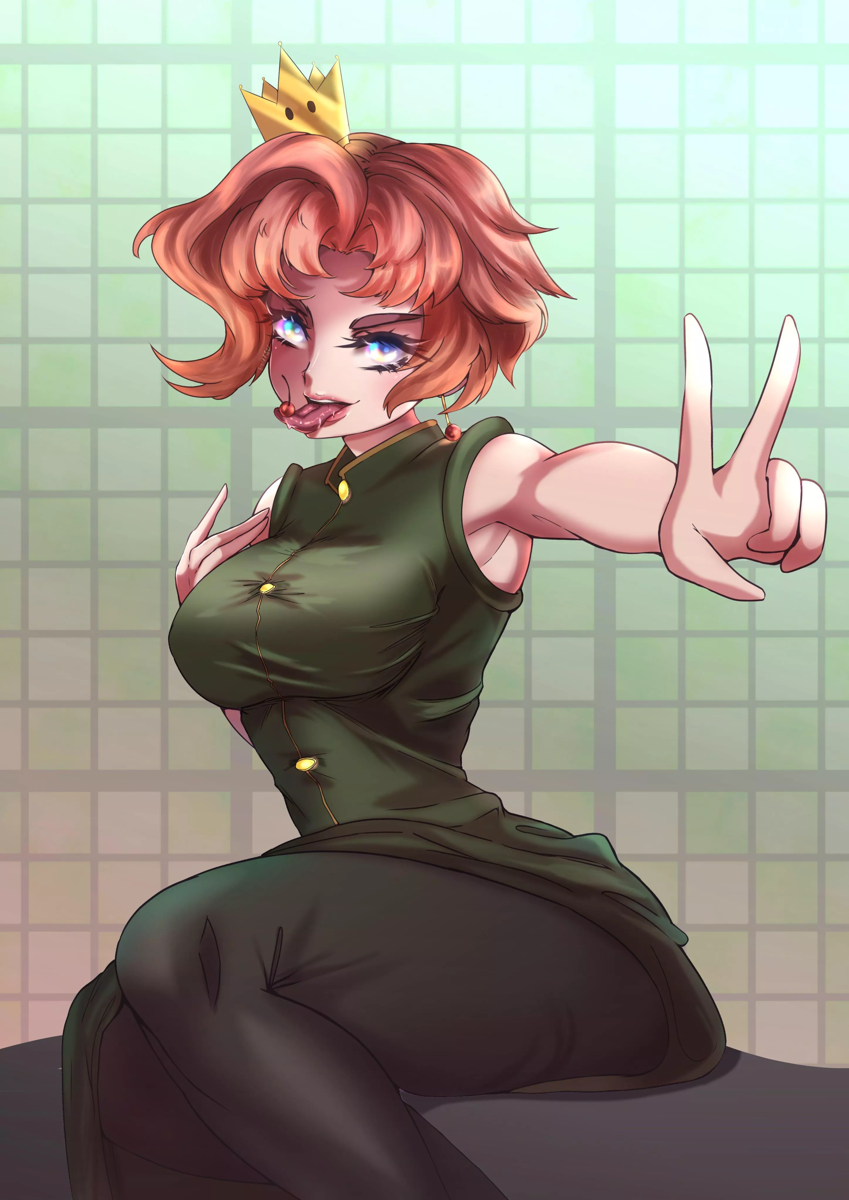 Kakyoin with her armpit, arm up, big breasts, black leg wear, buttons, earrings, food in the mouth, green dress, hand on her shoulder, peace sign, pink/red hair, super crown and a v sign