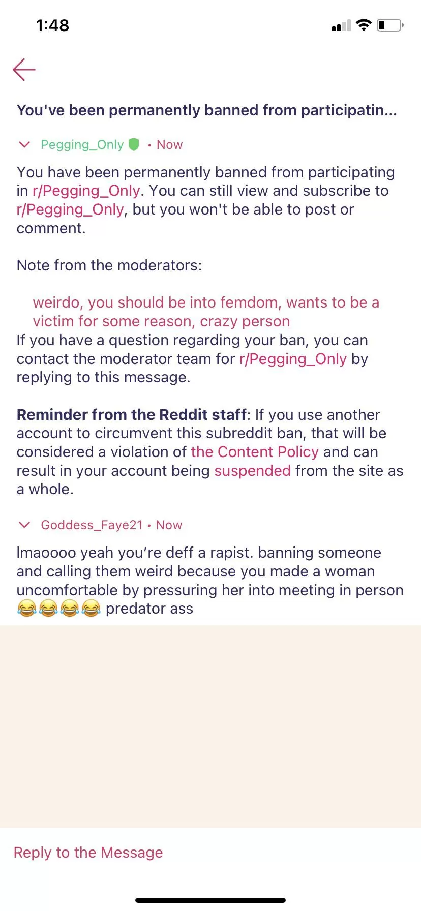 LADIES PLEASE BE AWARE OF THIS SUBREDDIT AND ITS MOD. their response to me continously turning down an in person session and their creepy and pushy advances