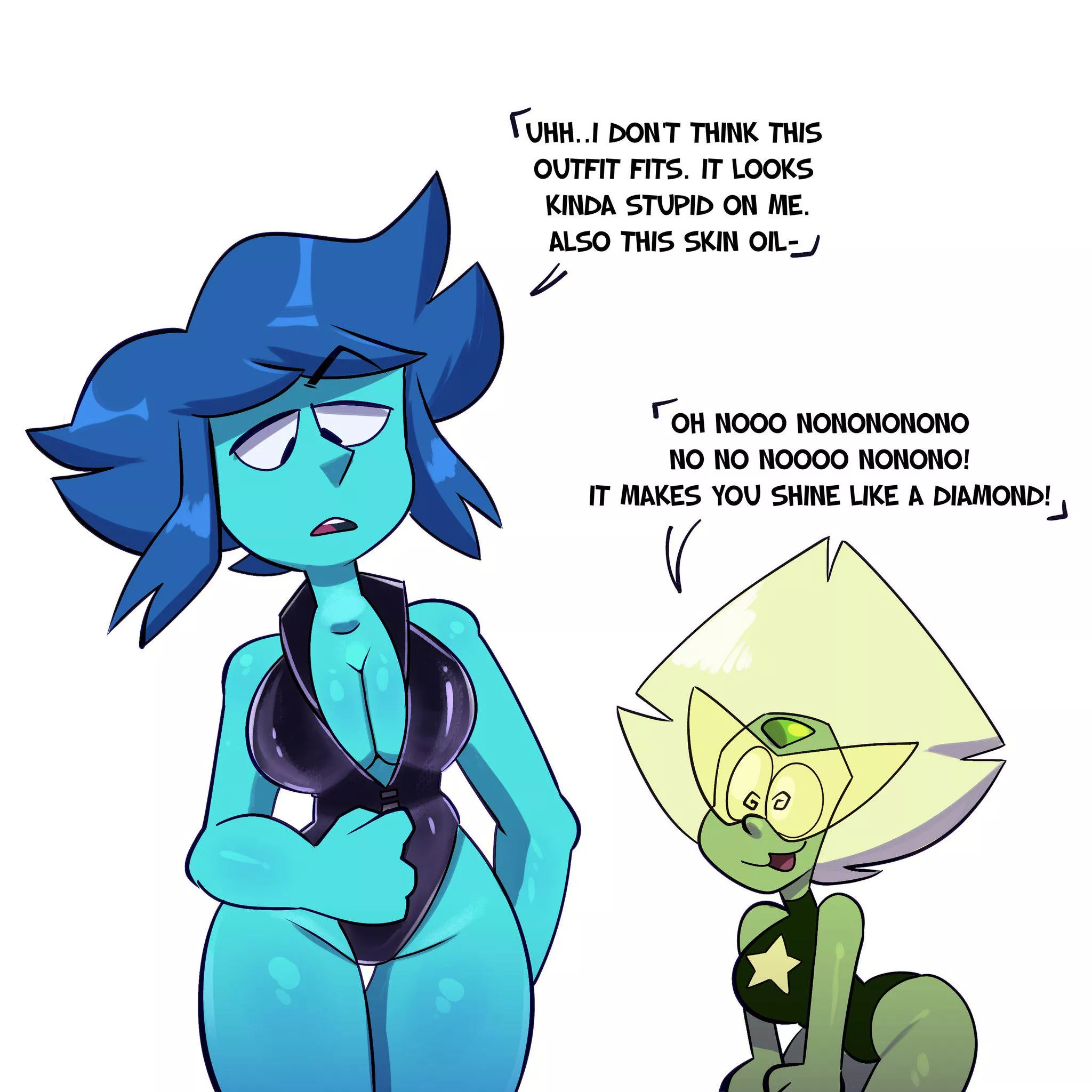 Lapis and Peridot try out some leotards and body oil (Art by Sweet__Dandy)