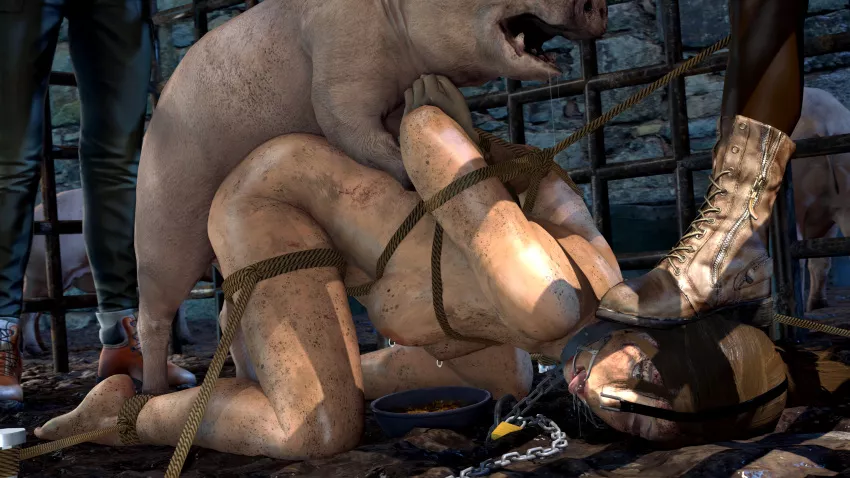 Lara tied up and fucked by an pig