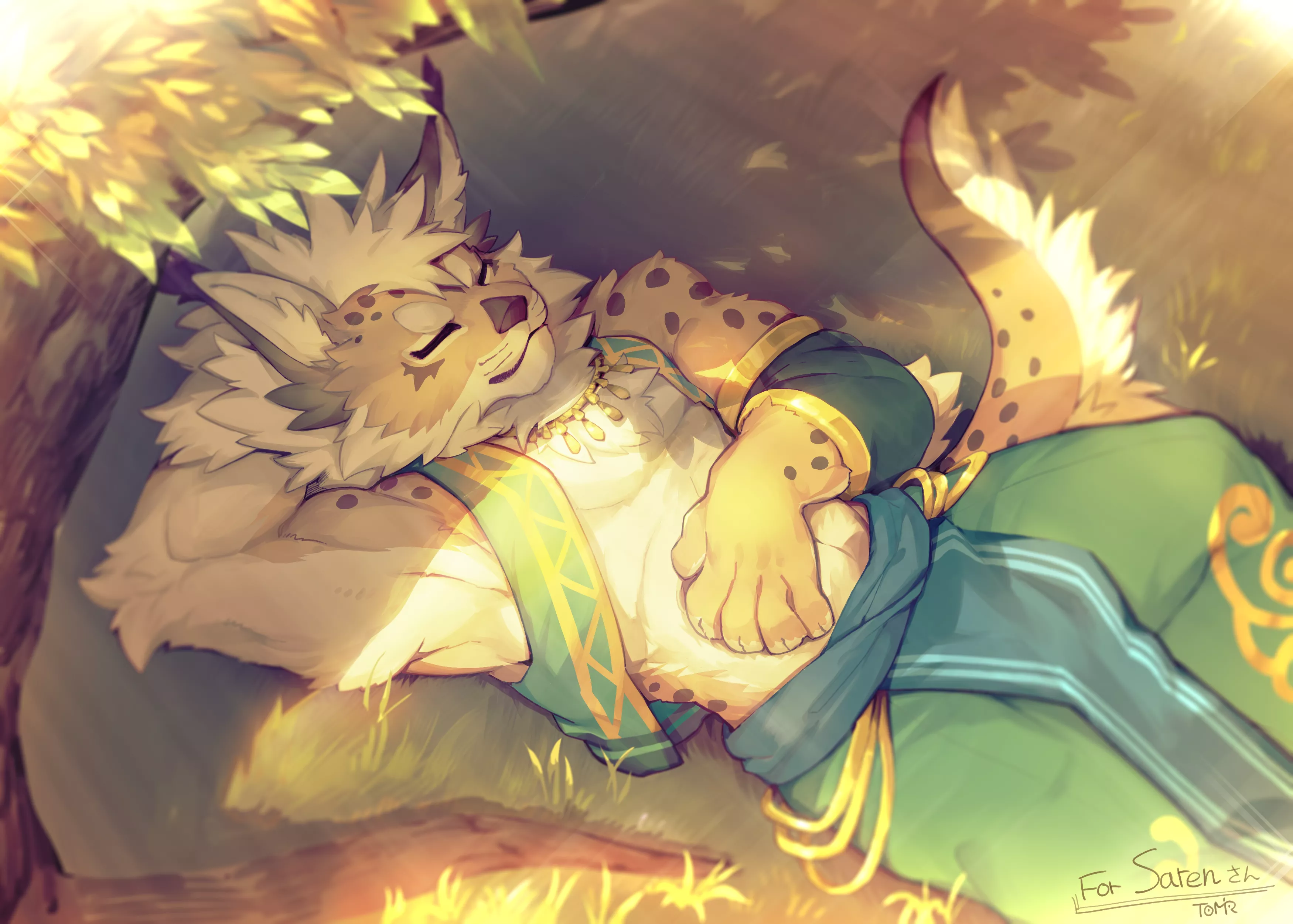 Lazy cat sleeping under the tree~ (Art by @toomiro, OC by me @nekomatasaren)