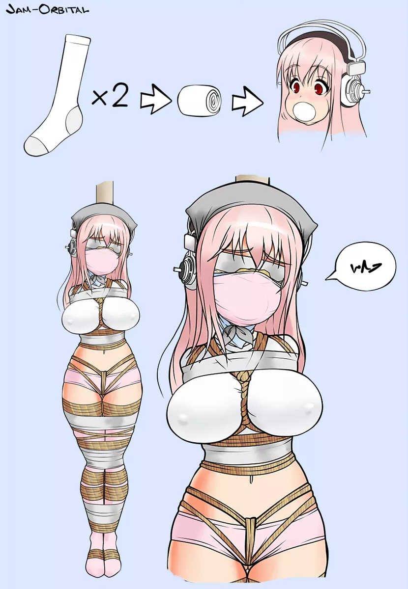 Learn how to gag by using a tied up Super Sonico