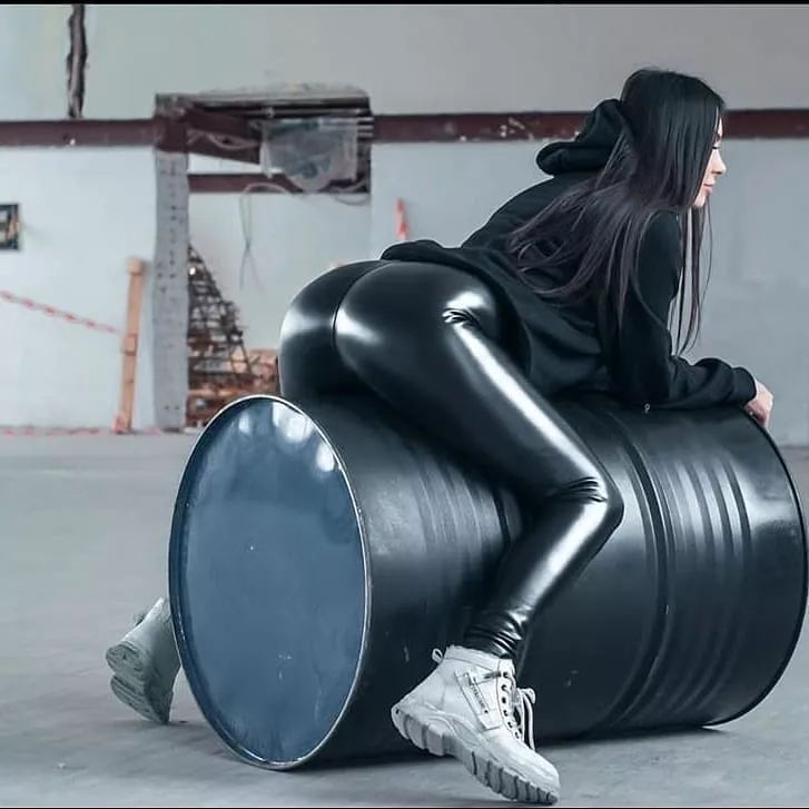 Leather Leggings Bent over a Barrel x