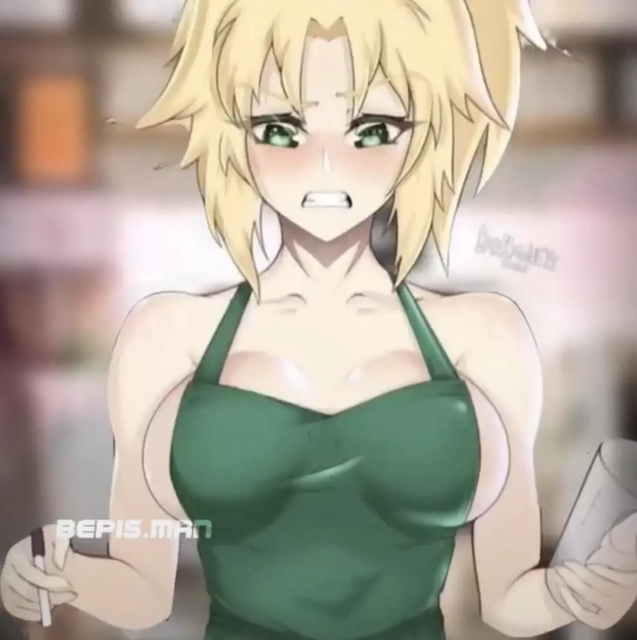 LF color source: 1girl, looking down, blonde hair, ponytail, green eyes, mordred (fate), apron, apron only, glass, breasts, teeth, open mouth, collarbone