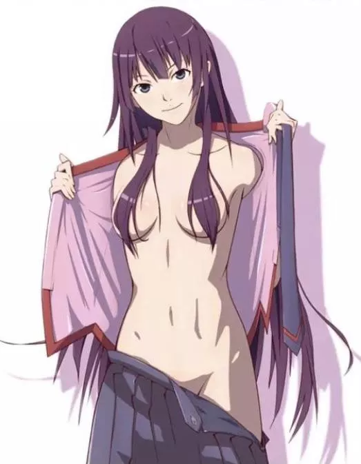 LF Color Source: 1girl, undressing, Senjougahara Hitagi, convenient censoring, looking at viewer, breasts, midriff,