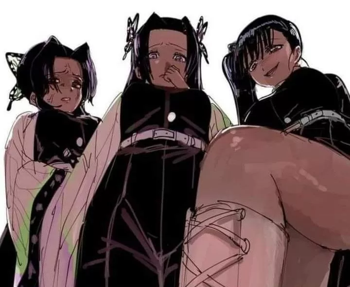 LF Color Source: 3girls, white background,, thigh, looking at viewer, kimetsu no yaiba, demon slayer, grinning, looking down, stepping on, feet