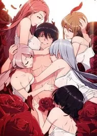 LF Color Source: 5Girls, 1Boy, Bangs, Breasts, Cleavage, Closed Eyes, Black Hair, Pink Hair, Red Hair, Amber Hair, Silver-Blue Hair, Toned Body, Smiling, Embracing, Roses, Licking, Manhwa, Webtoon