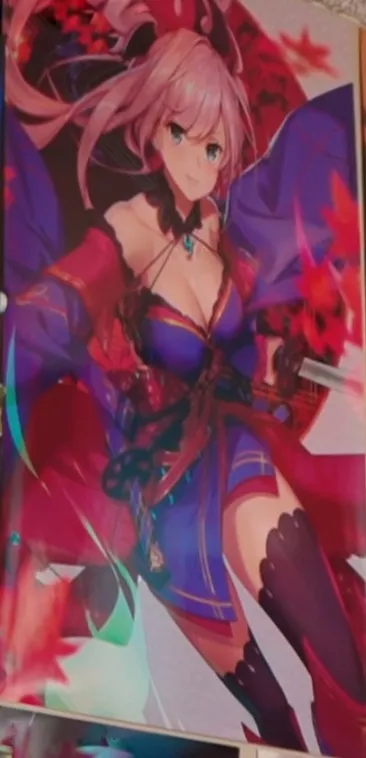 LF color source: miyamoto musashi, FGO, pink hair, 2 swords, red and purple outfit, maple leaves, big boobs