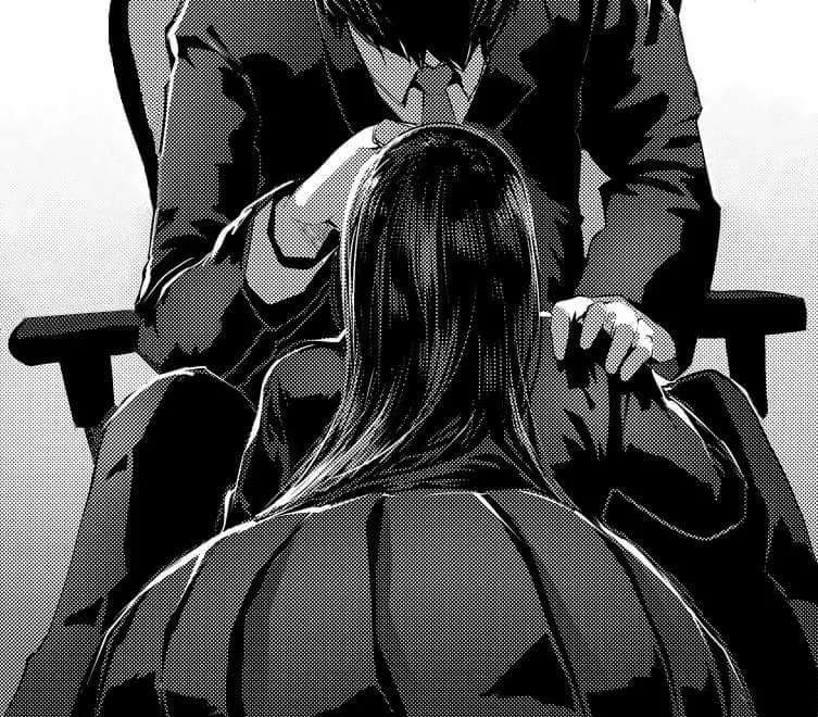 LF Mono Source: 1boy, 1girl, bend over, crouch down, black suit, necktie, collar, long black hair, uniform, short skirt, sitting, chair