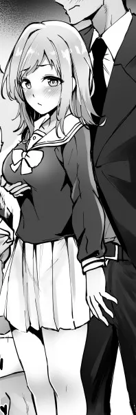 LF Mono Source: 1girl, 1boy, Schoolgirl Uniform, Business Suit, Short Hair, Blushing, Hand on breasts, Hand on crotch , boy's face cropped out