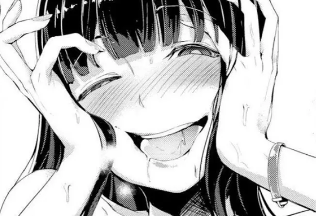 LF Mono Source: 1girl, ahegao, black hair, blunt bangs, blush, bracelet, close up, drool, face, half-closed eyes, hands on/to own cheeks/face, long hair, one eye closed, open mouth, saliva, squinted eyes, upper teeth