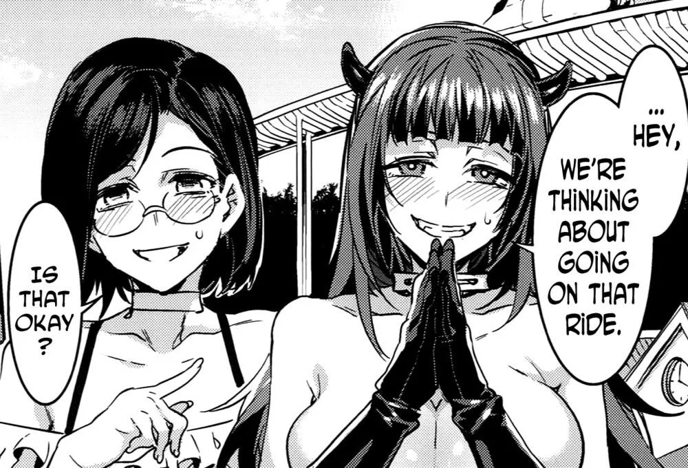 LF Mono Source: 2girls, short dark hair, blush, glasses, demon horns, gloves, choker necklace, big breasts, semi nude, arms covering breasts, “Hey, we’re thinking about going on that ride.”, “Is that okay?”