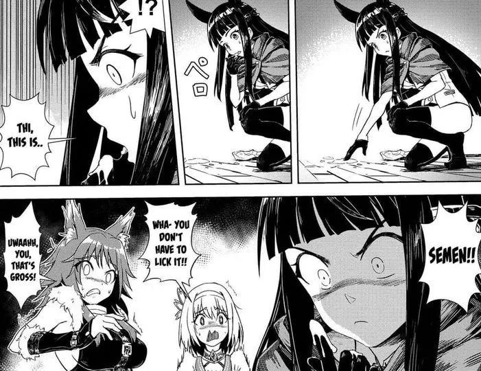 LF Mono Source: 3girls, black hair, “!?”, “Thi, this is..”, “Semen!!”, “Wha- You don’t have to lick it!!”, “Uwaahh, you, that’s gross!”, licking semen, cat ears, kemonomimi, grossed out