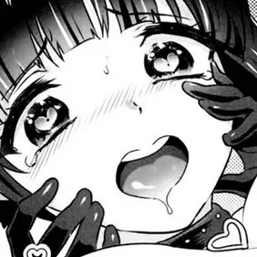 LF Mono Source: ahegao, black hair, gloves, heart-shaped pupils, open mouth