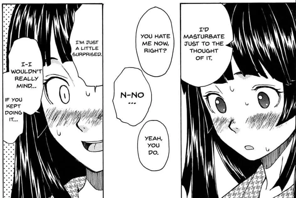 LF Mono Source: English text “I’d masturbate just to the thought of it.” “You hate me now, right?” “N-No” “Yeah, you do.” “I’m just a little surprised.” “I-I wouldn’t really mind...if you kept doing it...”, 1girl, Black hair