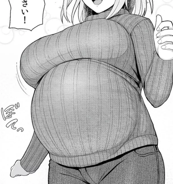 LF Mono Source: foreign text, 1girl, clothed, short hair, large breasts, pregnant, open mouth, ribbed sweater, turtleneck sweater, jeans