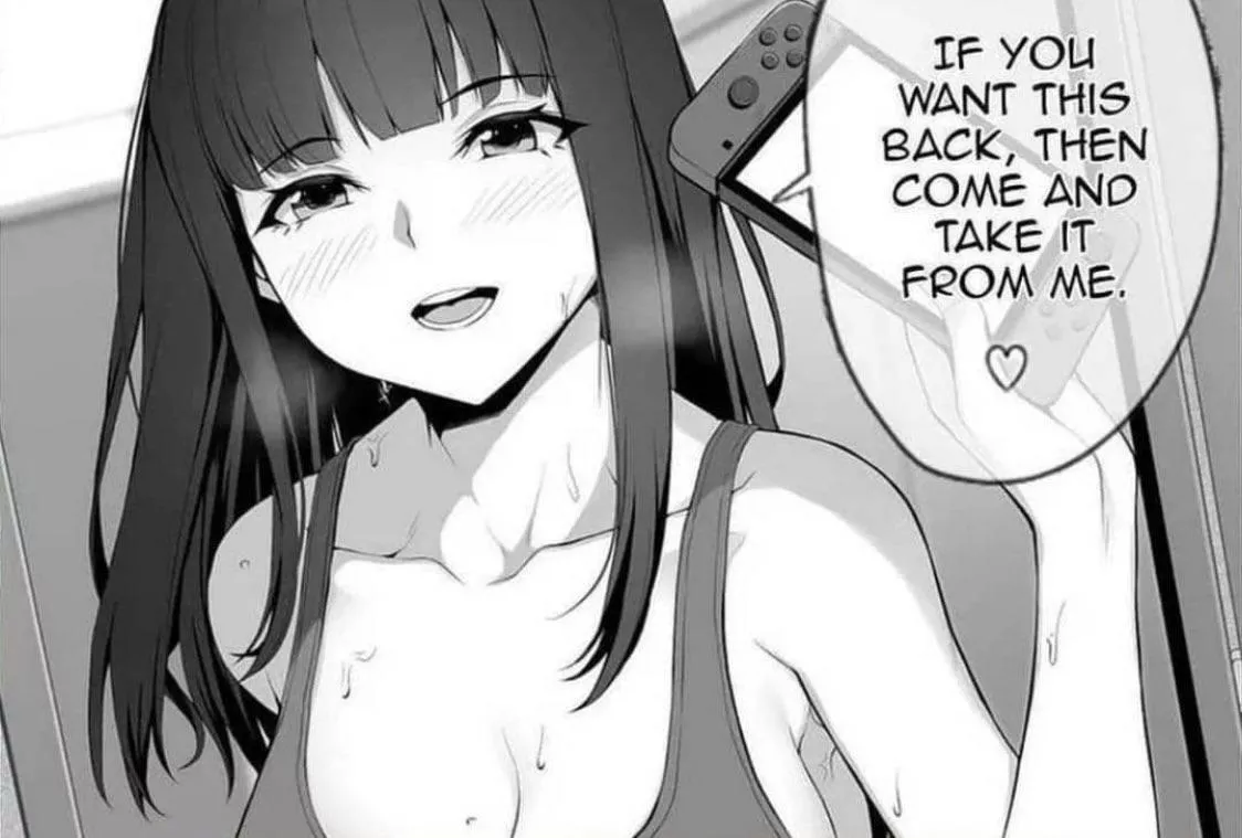 LF mono source: “if you want this back you’ll have to take it from me” , big boobs, blush, bra, sweat