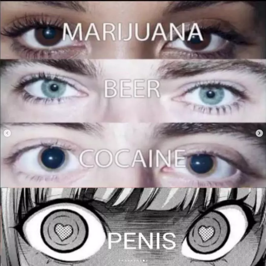 LF Mono Source: MARIJUANA, BEER, COCAINE, PENIS, eyes, drug meme, Cocaine Marijuana Beer meme, irises, dilated pupils, unusual pupils, heart-shaped pupils, multiple eyes, eyebrows, bangs, white hair,