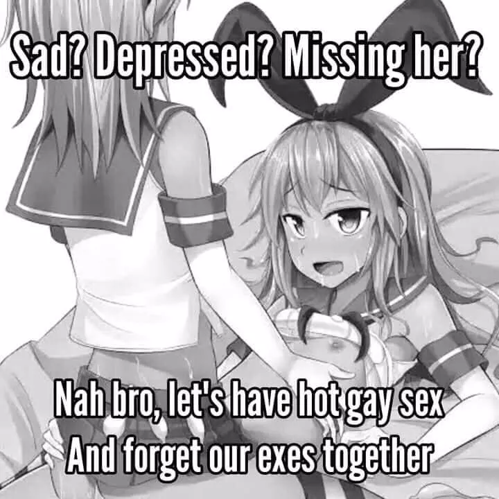 LF mono source: sad? Depressed? Missing her? Nah bro, let's have hot gay sex and forget our exes together, 2boys sweating, ribbon, uniform, long hair, condoms, nipple