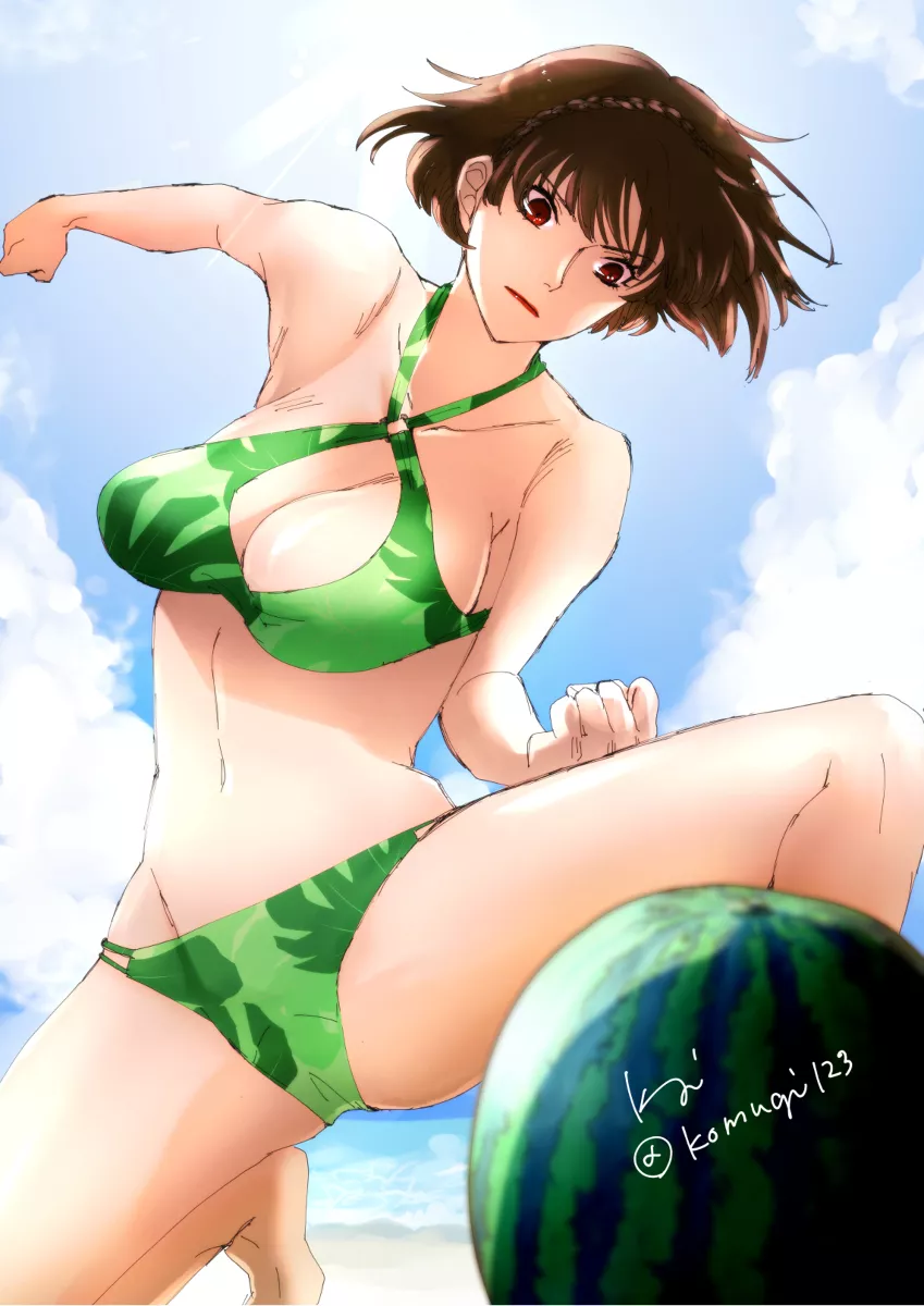 Makoto against a watermelon