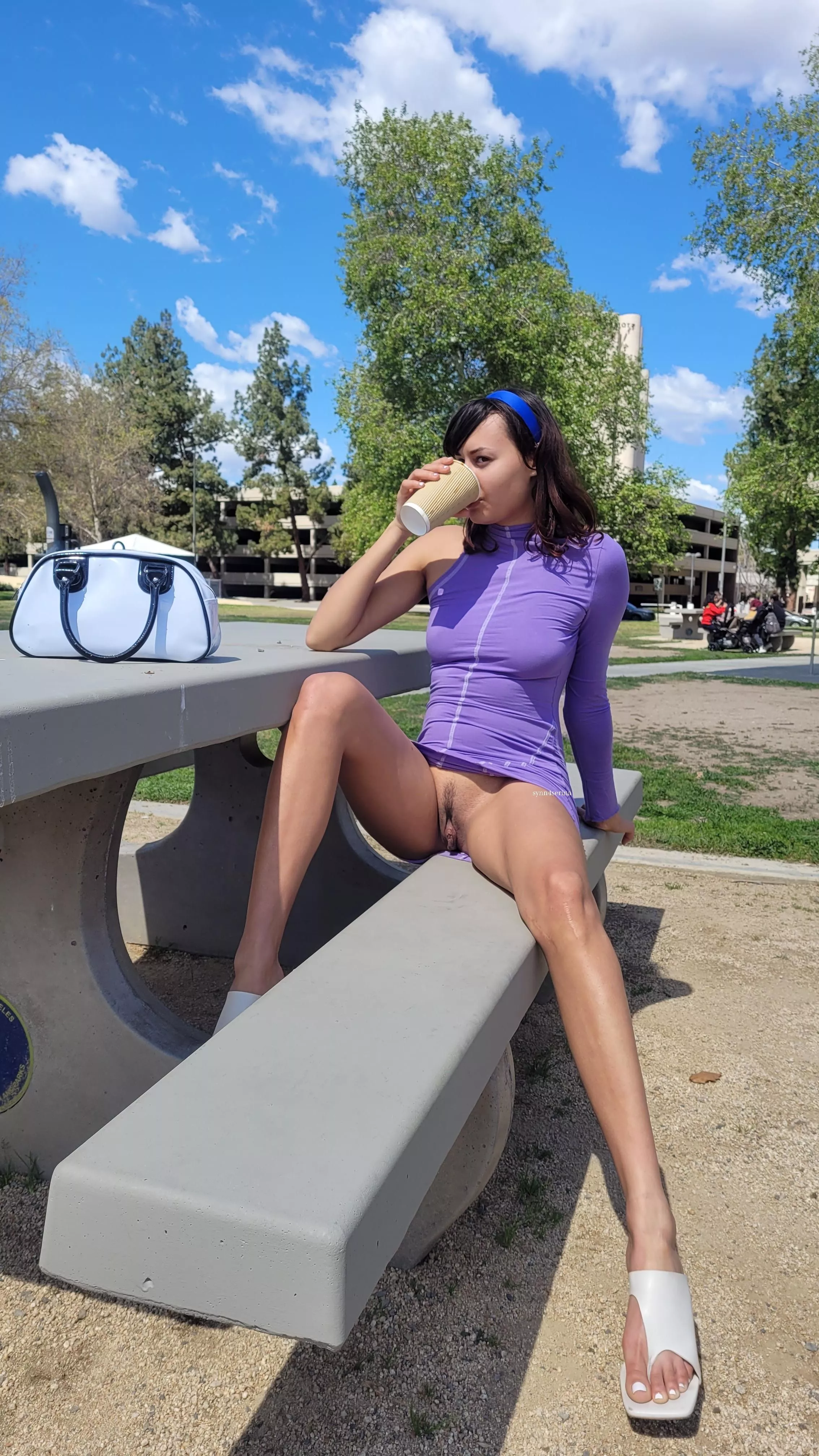 Morning coffee at the park tastes better without panties