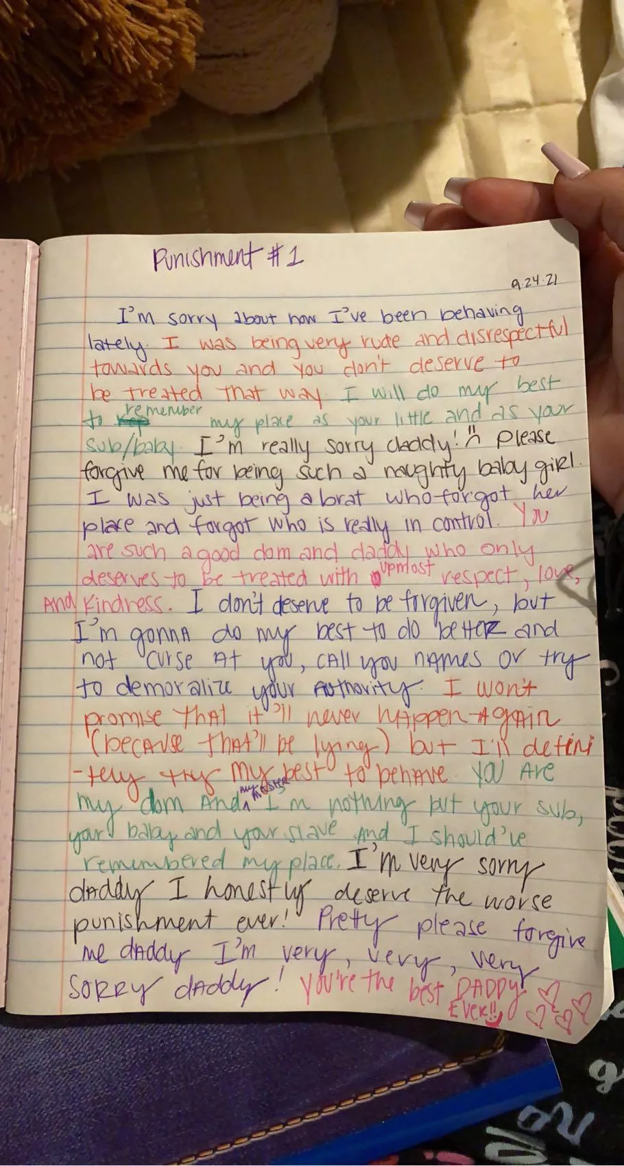 My baby had been bad lately and very misbehaving, so I gave her her first ever written essay. It was just supposed to be an apology but she saw it as punishment and after reading this my heart skipped a beat~💕 She is 🌟 forgiven 🌟